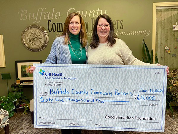 Cindi Richter, (left) director, CHI Health Good Samaritan Foundation presented a Community Health Improvement Grant check for $65,000 to Denise Zwiener, (right) executive director, Buffalo County Community Partners.