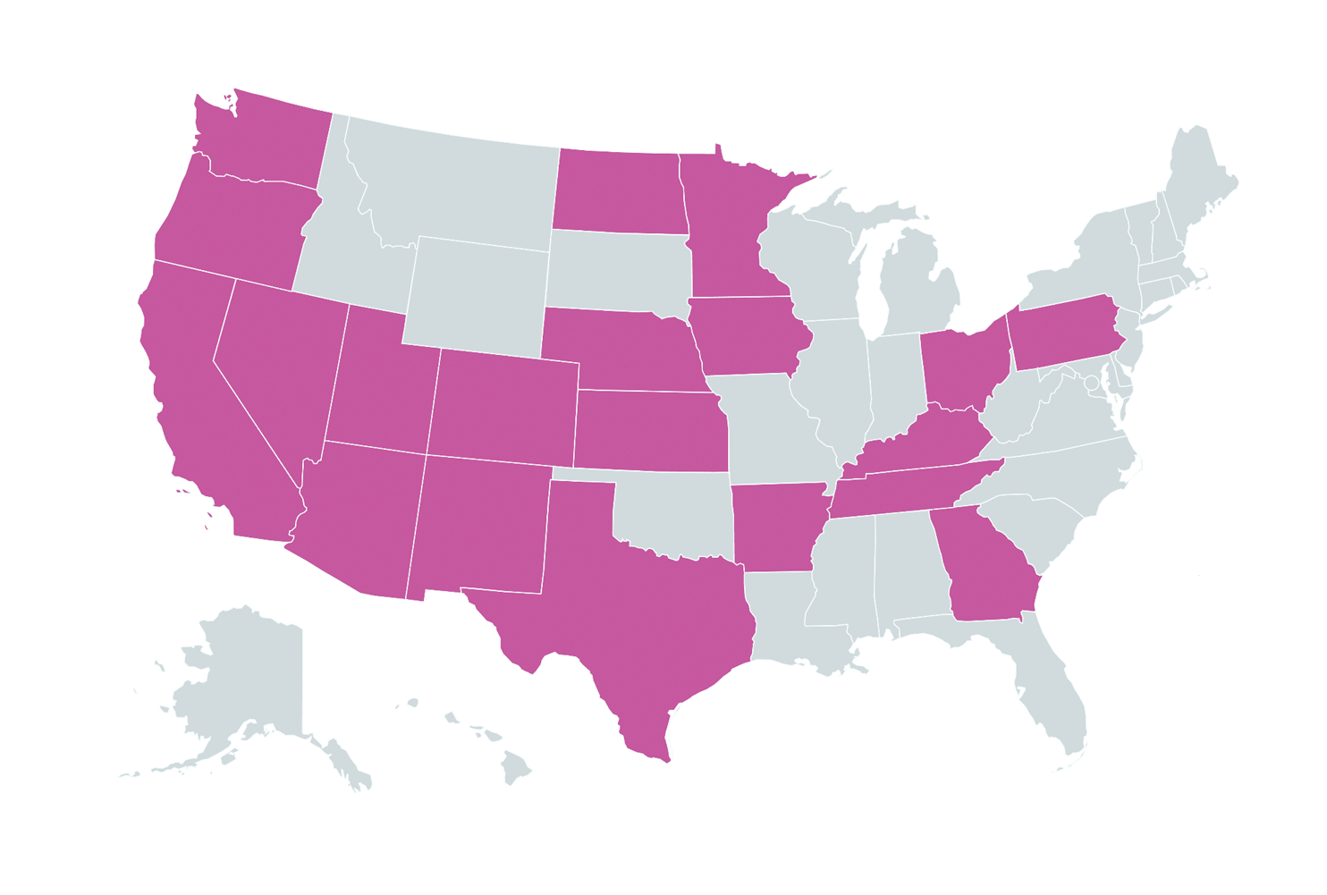 A map of Commonspirit Health's national footprint; states highlighted are listed on this page"