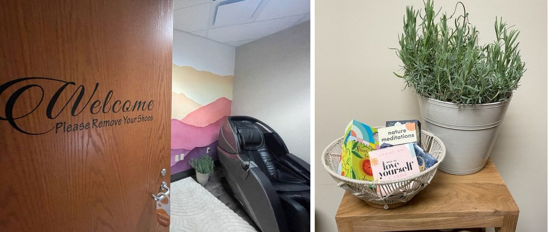 A door opens into the staff lavender room and a sign reads welcome, please remove your shoes