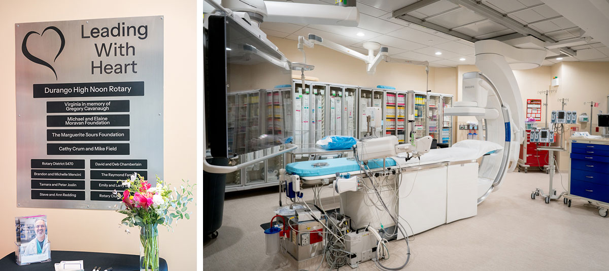 A diptych showing a commemorative plaque that reads Leading with Heart and the names of several key donors and Rotarians, and a view of the newly remodeled cath lab room