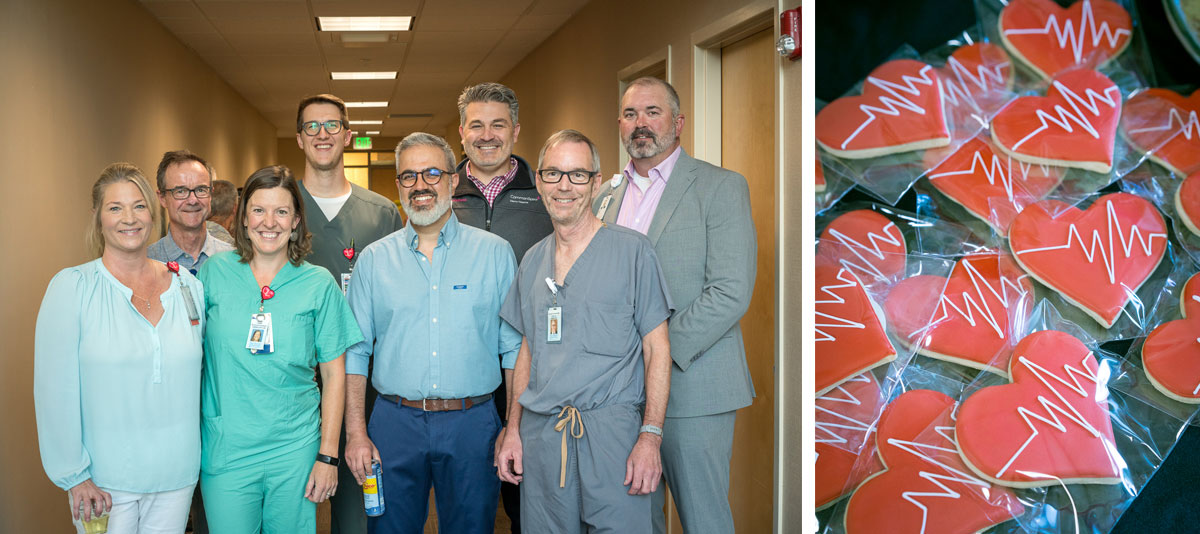 A diptych showing members of the cath lab team posed together and smiling, and a platter of heart shaped cookies with red icing and a white strip mimicking a heartbeat monitor