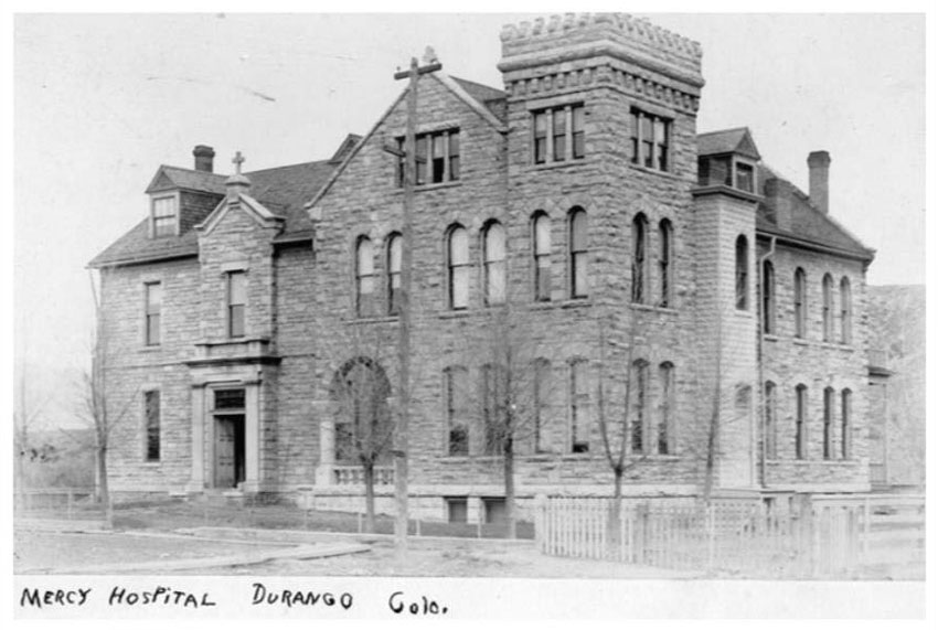 A historical photo of the first hospital building captioned Mercy Hospital, Durango Colorado