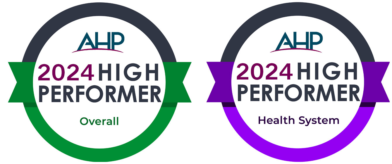 High Performer Awards 2024 An illustration of two award medallions reading 2024 High Performer Awards Overall and Health Systems