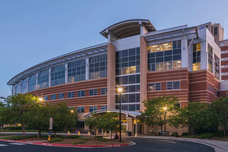 A view of Penrose Hospital at twilight