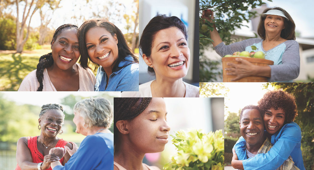 A mosaic of smiling women, embracing and spending time in community
