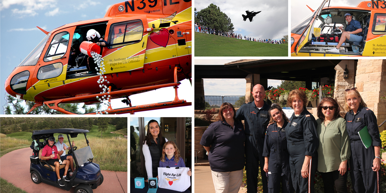 A collage of images portraying golfers enjoying a day on the course and interactions with Flight for Life crew members