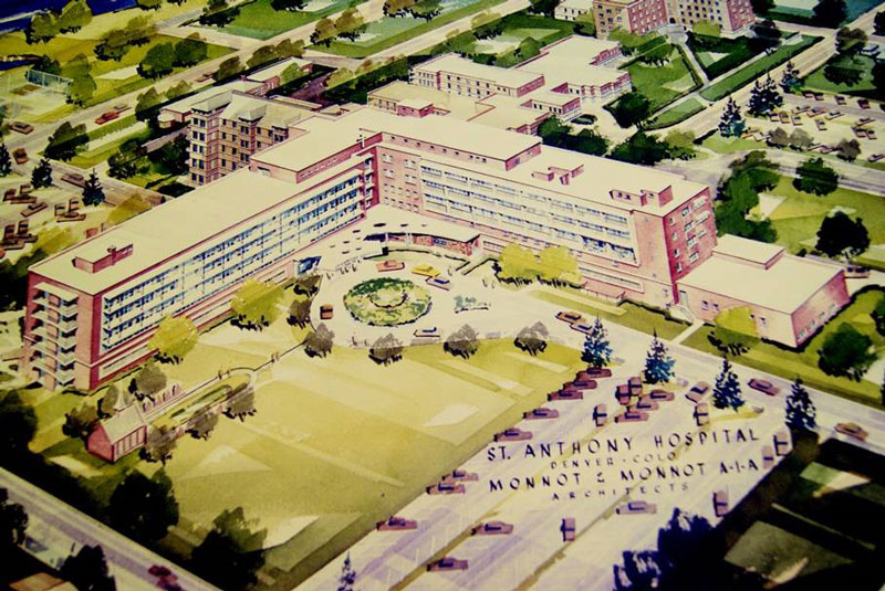 An aerial view of the St Anthony hospital complex circa 1950