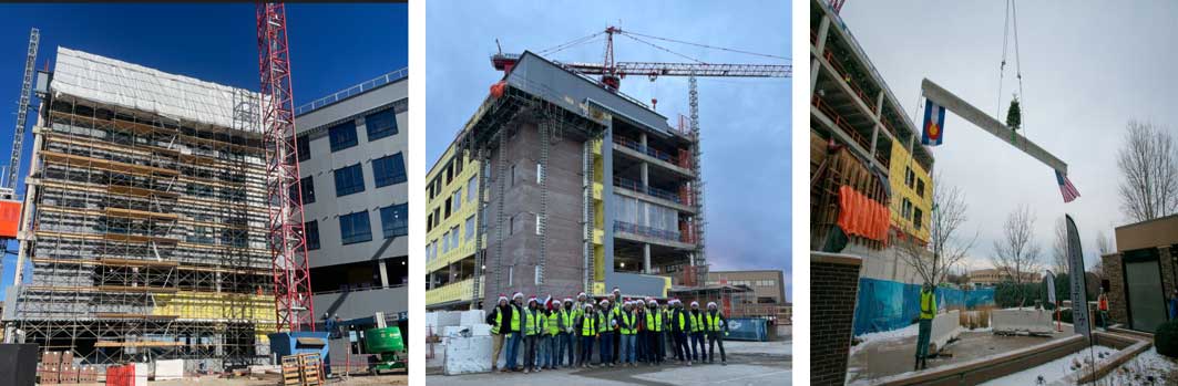 A triptych shows various stages of construction at the new tower at St. Anthony North