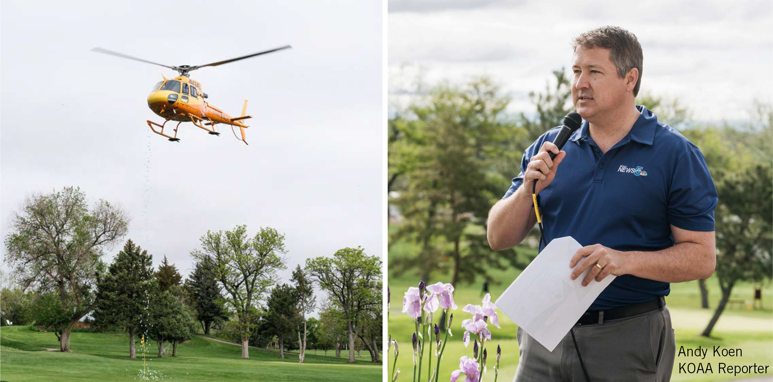 Golf 2023 Tournament Photos with helicopter ball drop and KOAA Reporter, Andy Koen